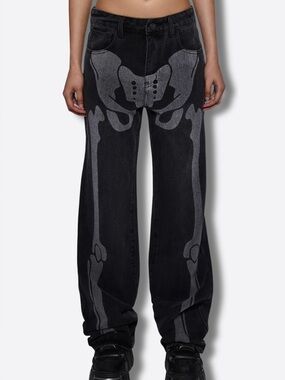 Dolls Kill Trickz N’ Treatz Skeleton Print Baggy Jeans Y2K Goth Denim Sz M